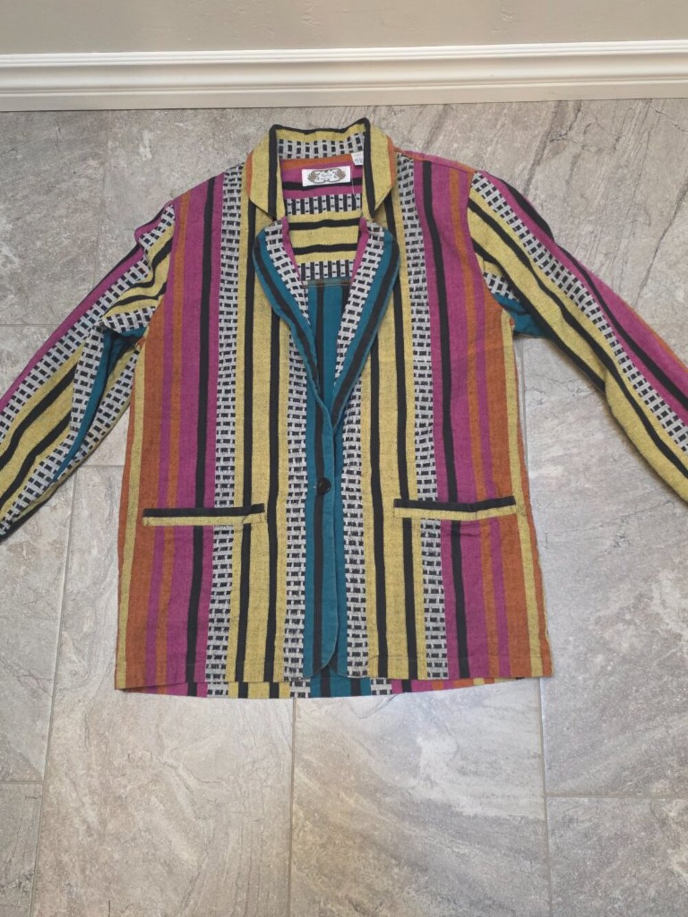 Vtg 90s ANGELIQUE NYC Colorful Green/Blue SPORT COAT Color-Black Jacket Women M